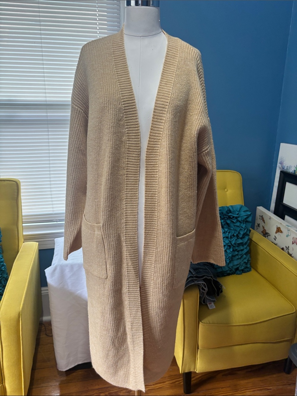 English Factory Neutral Beige Open-Front Long Cardigan